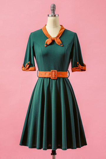 Green V Neck Patchwork Swing Party Vintage 1950s Dress